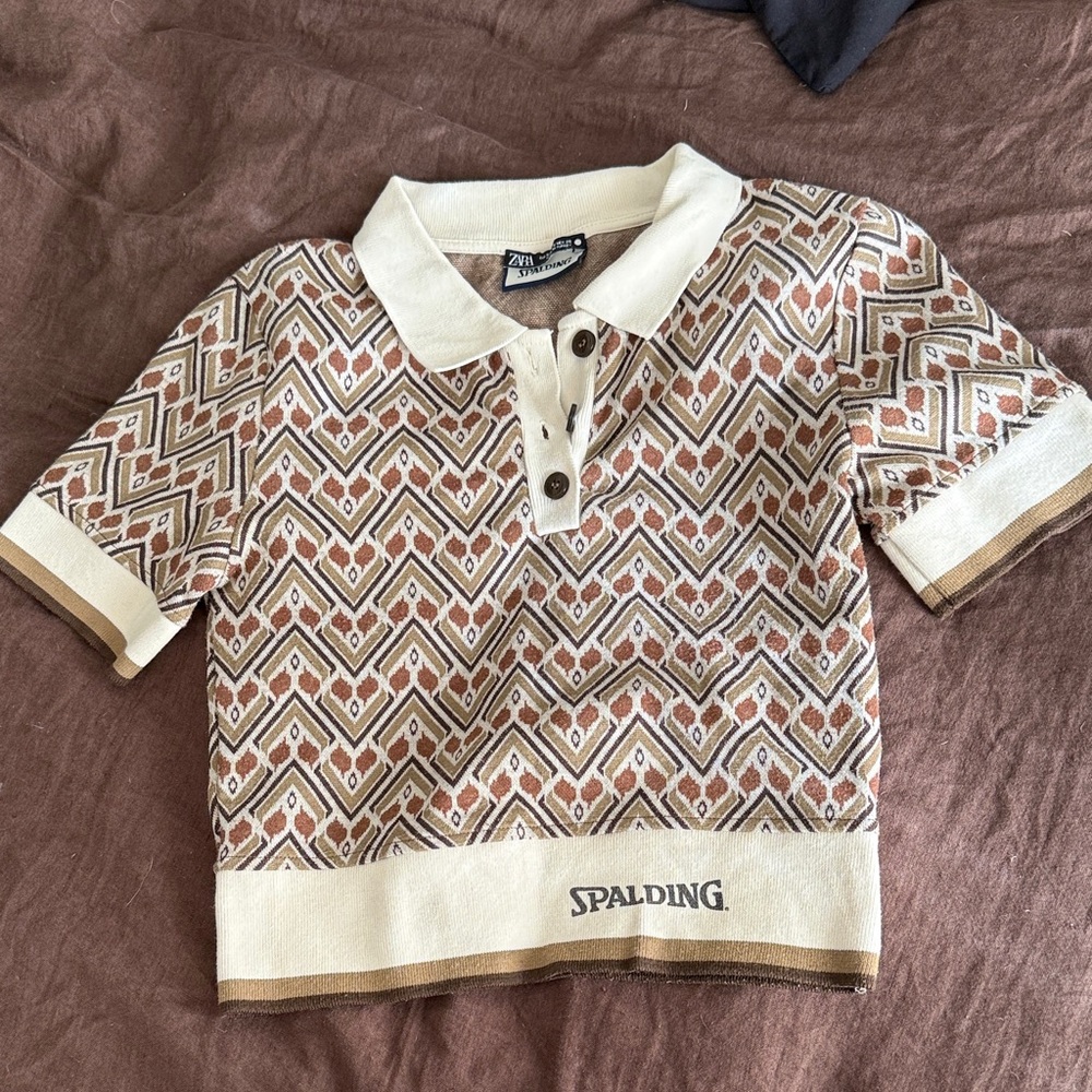 Spalding/Zara Cropped Polo with Geometric Pattern in Brown and Cream